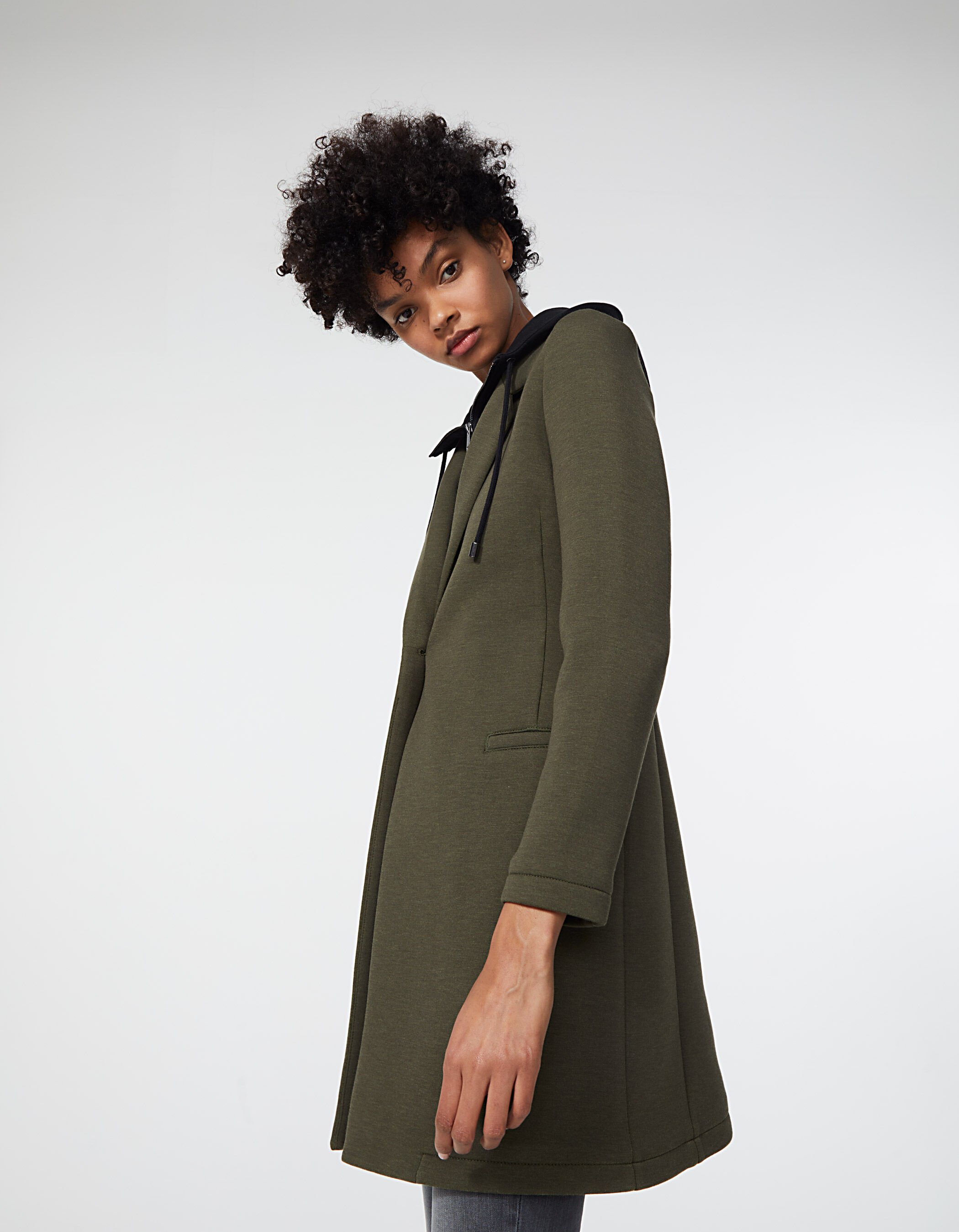 Women s khaki neoprene long coat with removable hood