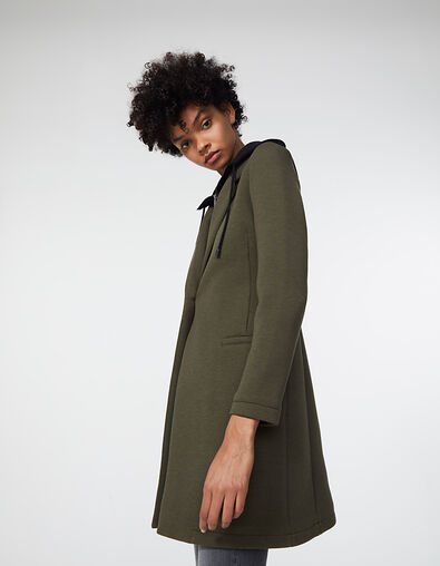 Women’s khaki neoprene long coat with removable hood - IKKS