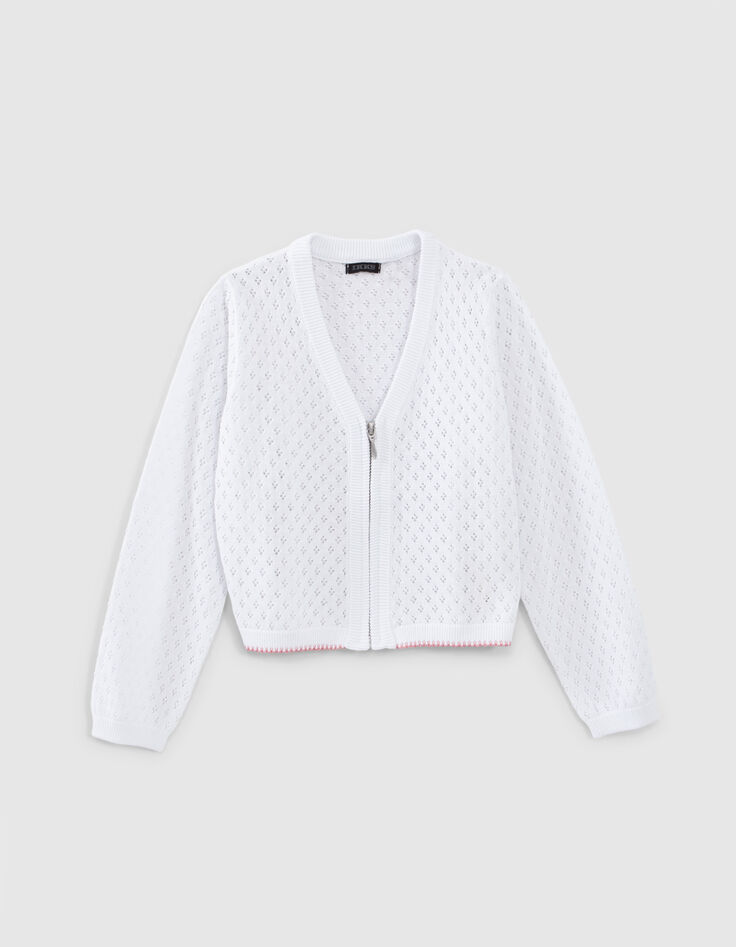 Cardigan écru tricot ajouré zippé fille-2