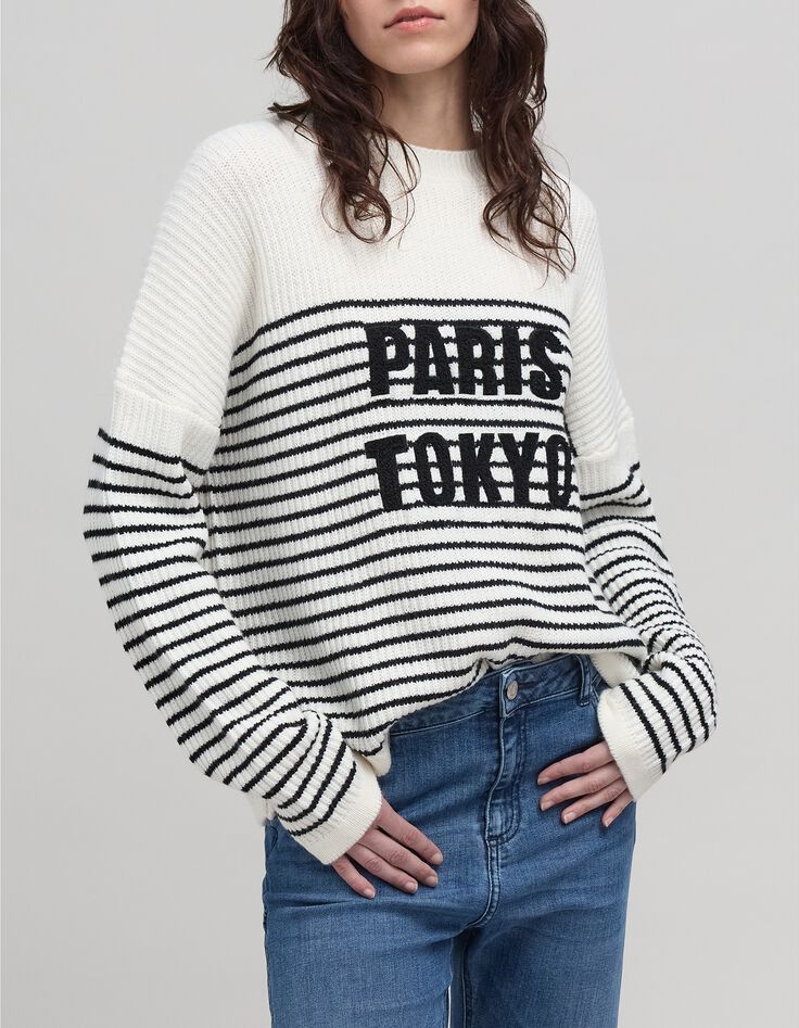 Women's black striped knit sweater with loopback message-2 Women's black striped knit sweater with loopback message-2