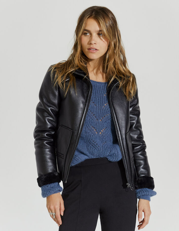 Women’s black fur- and leather-substitute short jacket - IKKS