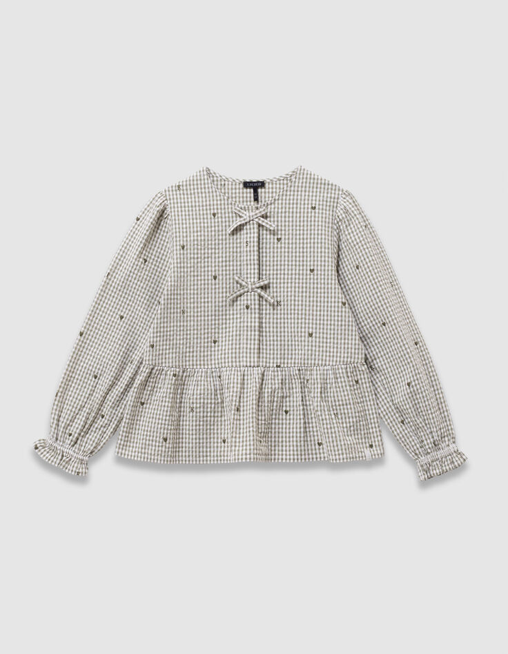 Blusa caqui con corazones flocados y lazos para ni&ntilde;a-1