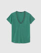 Tee-shirt vert lurex encolure V bijou Femme-1