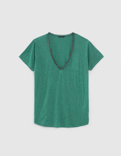 Grünes Lurex-Damen-T-Shirt, verzierter V-Ausschnitt - IKKS