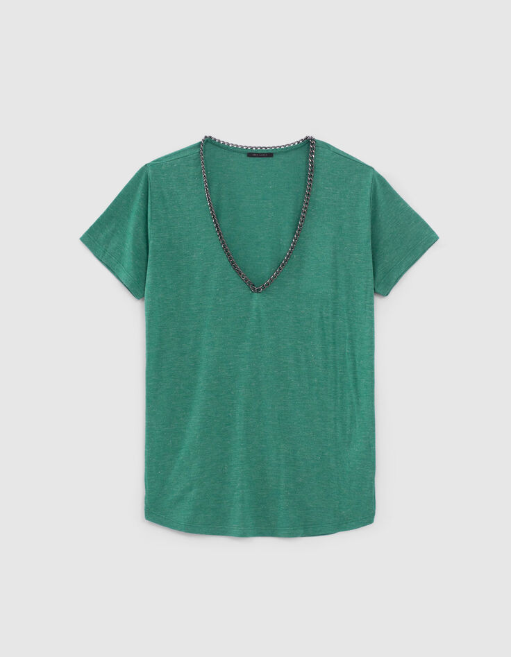 Tee-shirt vert lurex encolure V bijou Femme-1 Tee-shirt vert lurex encolure V bijou Femme-1