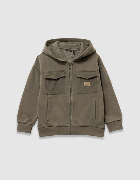 Cardigan à capuche zippé kaki poches bi-matières garçon - IKKS