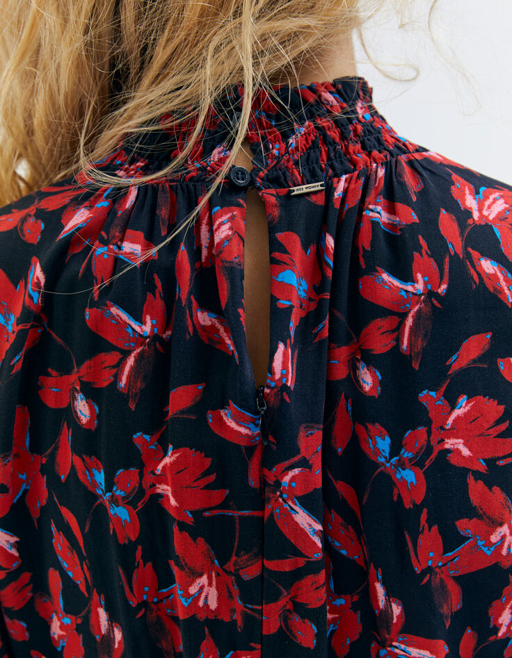 Vestido rojo floral rock cuello fruncido mujer-4