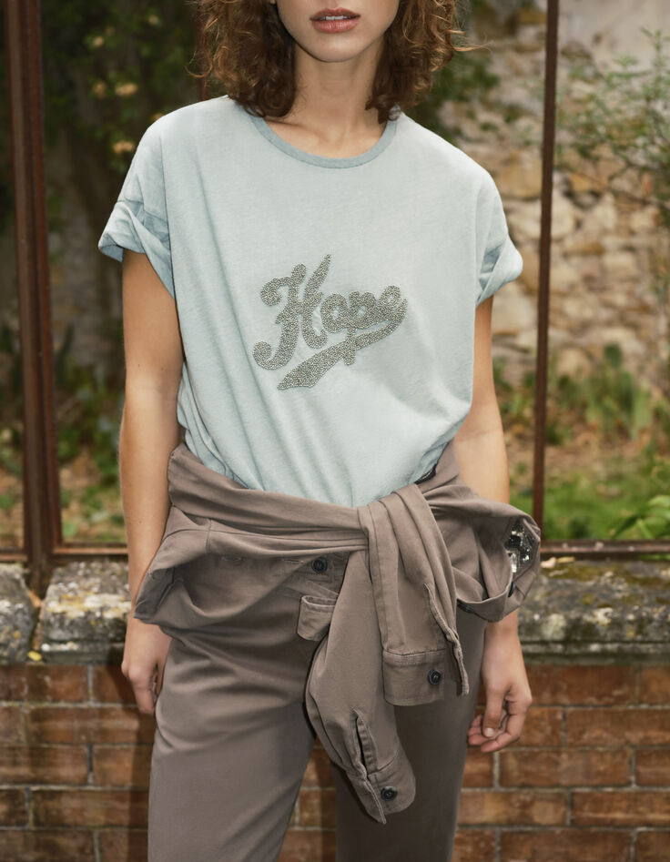 Mandelgrünes Damen-T-Shirt mit Perlenbesatz-7