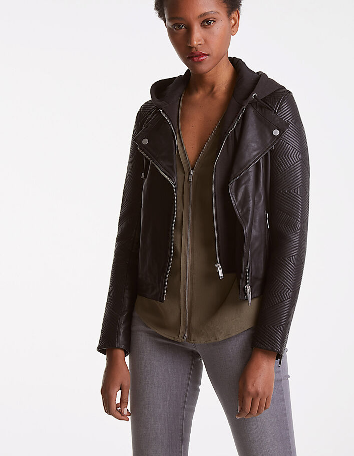 Veste en cuir noir matelassé femme IKKS