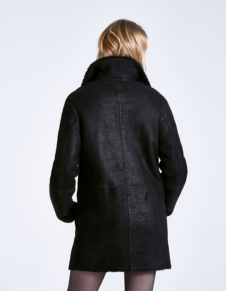 Manteau noir en vraie peau retournée zippée Femme-3
