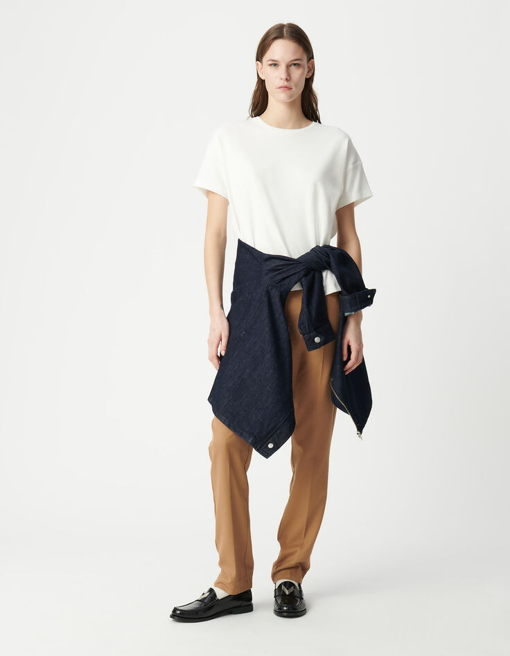 Weißes Damen-T-Shirt mit Rundhalsausschnitt und Fischgrätenstickerei-1
