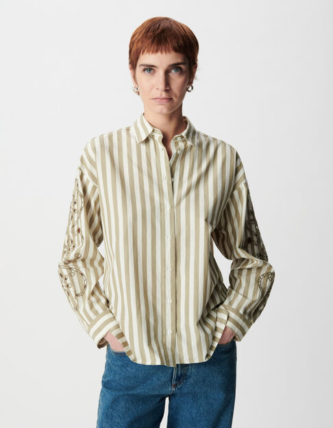 Camisa caqui rayas bordado calado Mujer mangas - IKKS