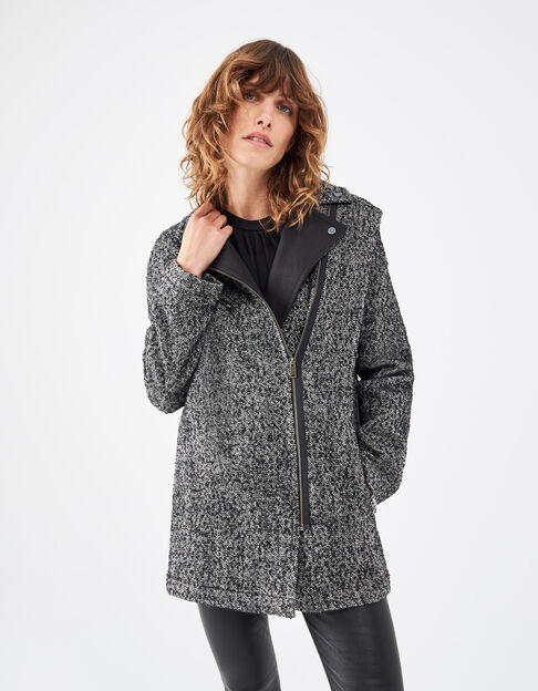 Manteau en mix laine noir col faux cuir femme