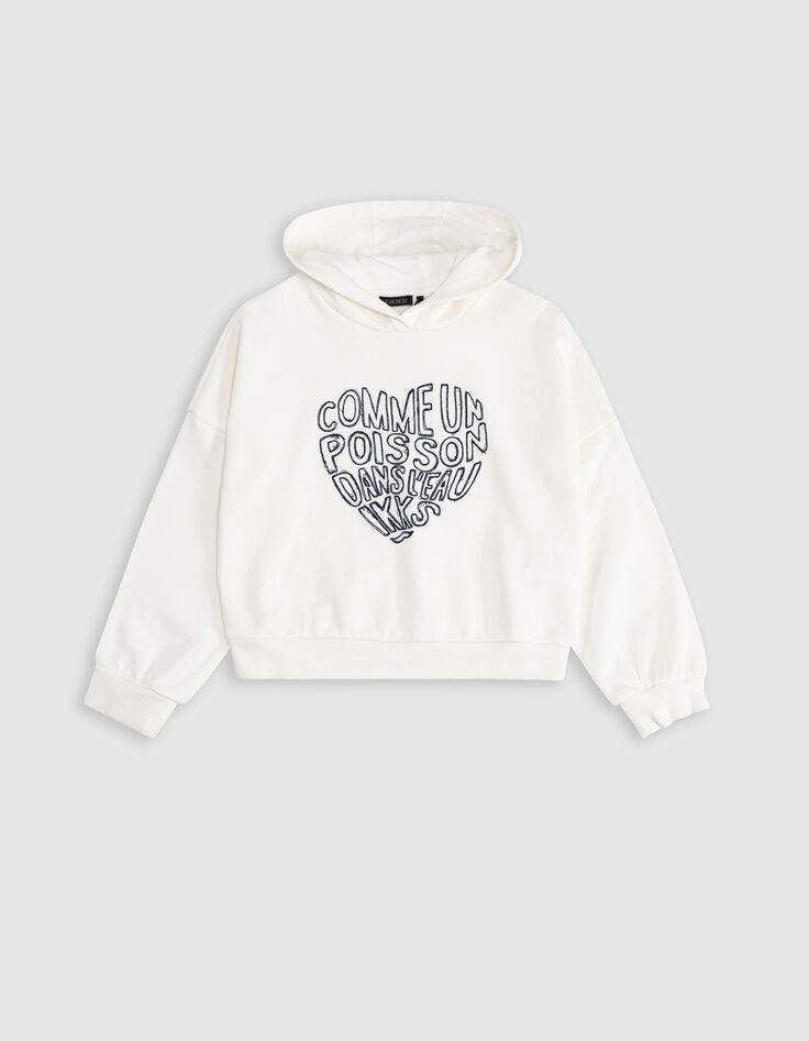 Sweat à capuche blanc message brodé forme coeur fille-2