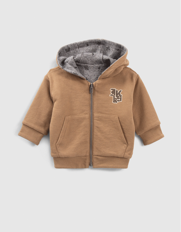Cardigan réversible camel et gris imprimé bébé garçon-1