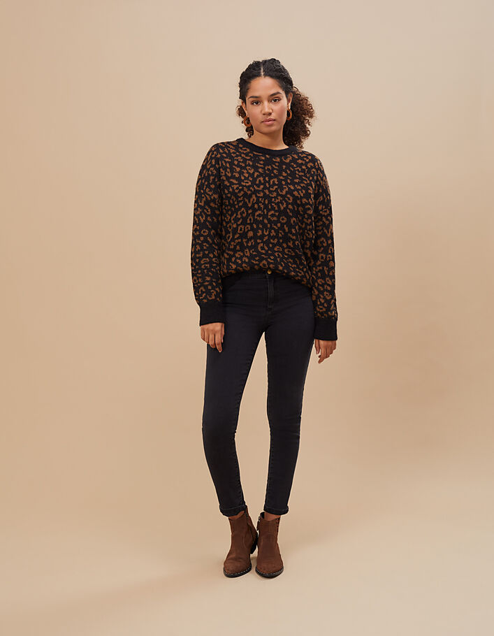 Pull noir tricot jacquard motif léopard I.Code - I.CODE