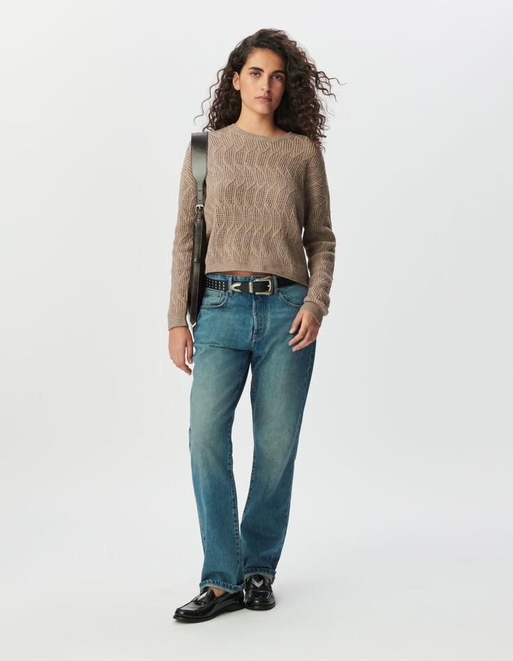 Beiger Damen-Strickpulli Lochmuster-1