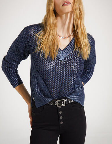 Pull en maille bleu marine enduit irisé femme - IKKS