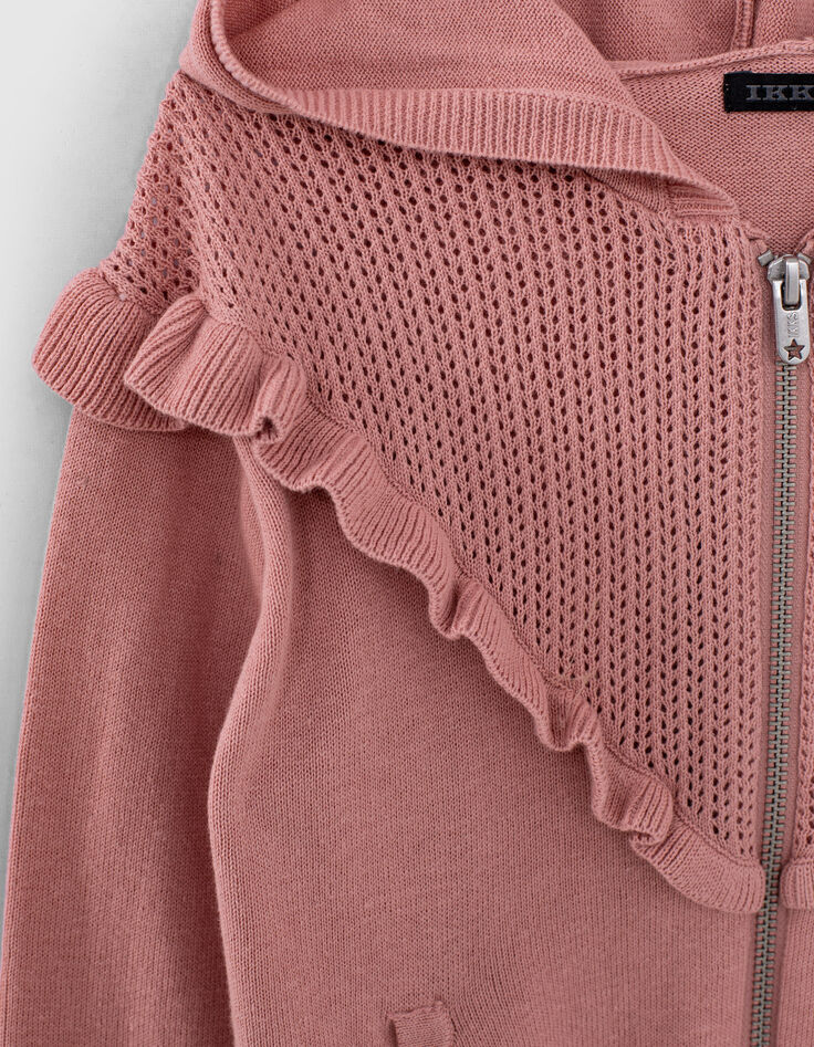 Girls’ dusty pink openwork knit and ruffle cardigan-4 Girls’ dusty pink openwork knit and ruffle cardigan-4