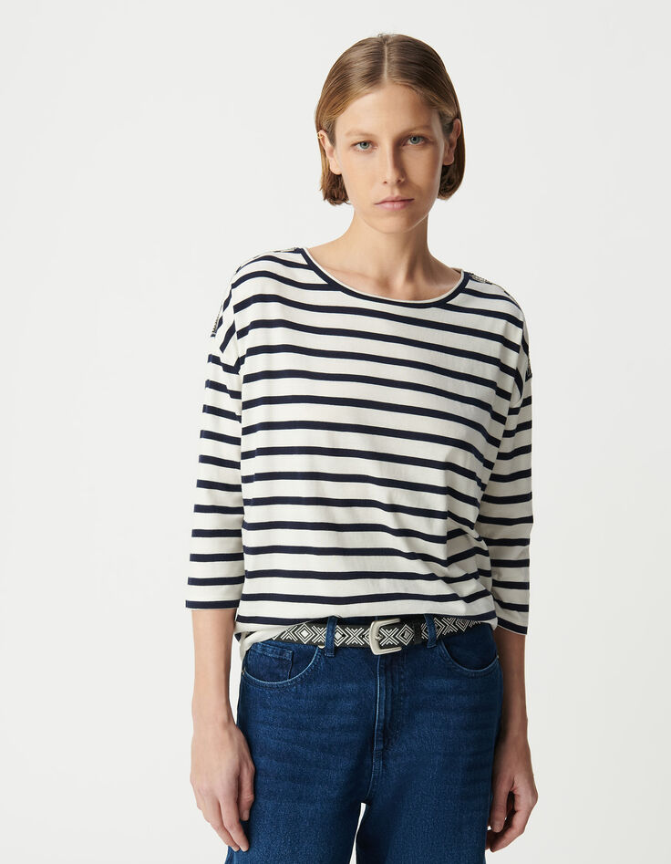 Oversized navy and white sailor tee with shoulder jewels Women-2