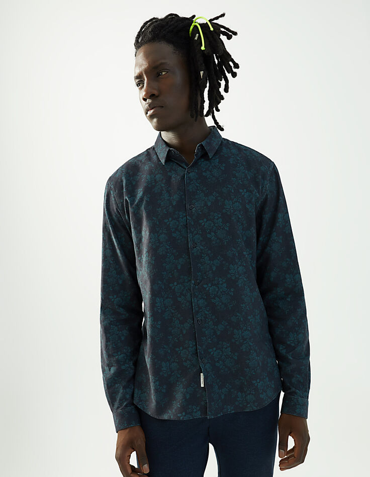 Camisa azul oscuro de pana fina con estampado flores hombre-1