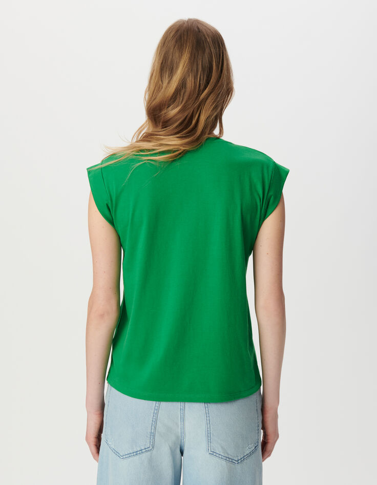 Green V-neck T-shirt with slogan-3