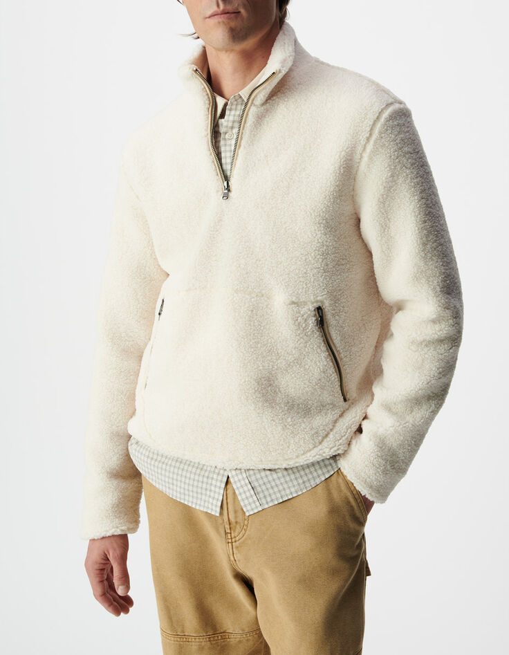 Sweat blanc sherpa col et poches zipp&eacute;es Homme-2