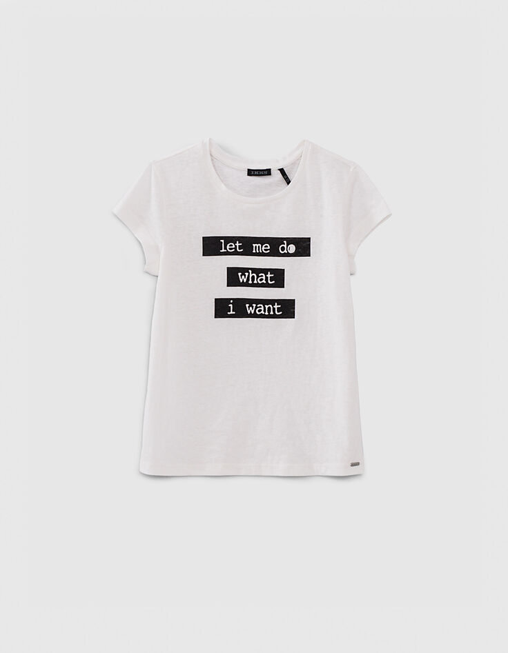Camiseta blanco roto con mensaje y coletero ni&ntilde;a-2