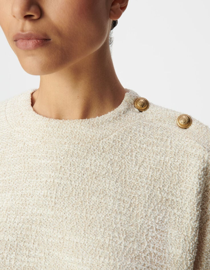 Women’s beige lurex tweed sweatshirt, buttoned shoulders-4 Women’s beige lurex tweed sweatshirt, buttoned shoulders-4