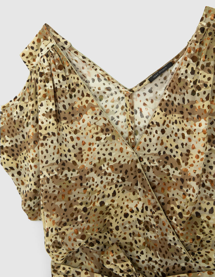 Mandelgrünes Damenkleid mit Animalprint, schulterfrei-4