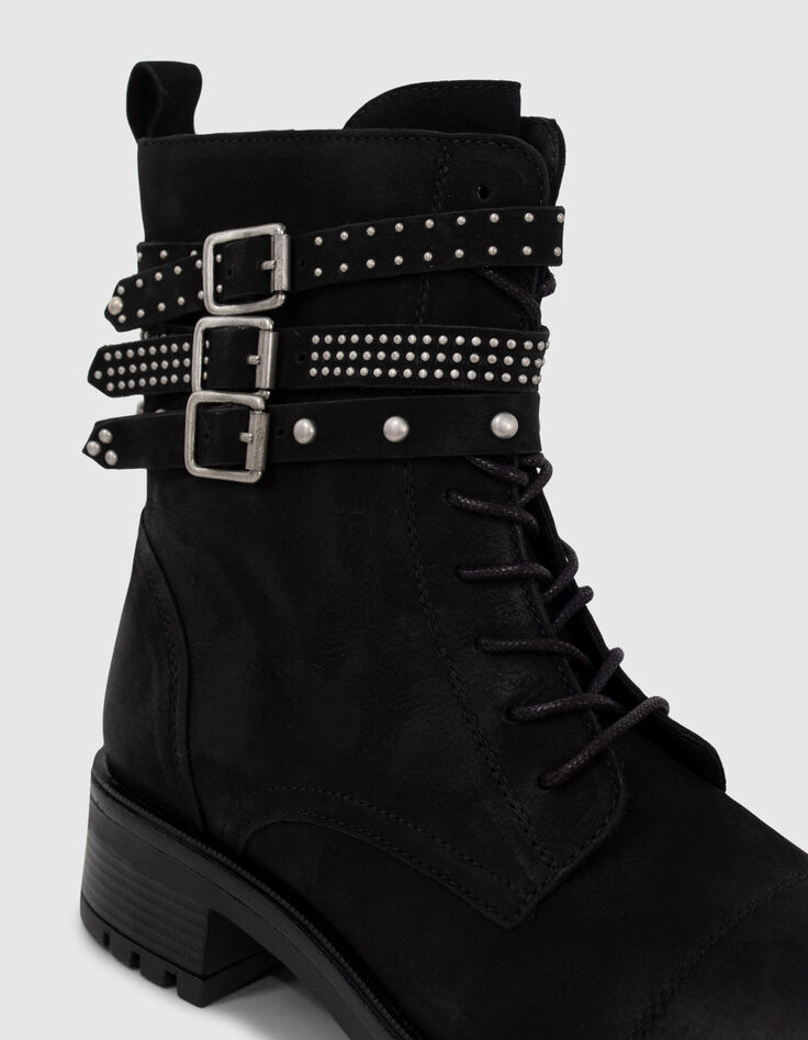 Boots &agrave; lacet noirs cuir &agrave; brides clout&eacute;es Femme-4
