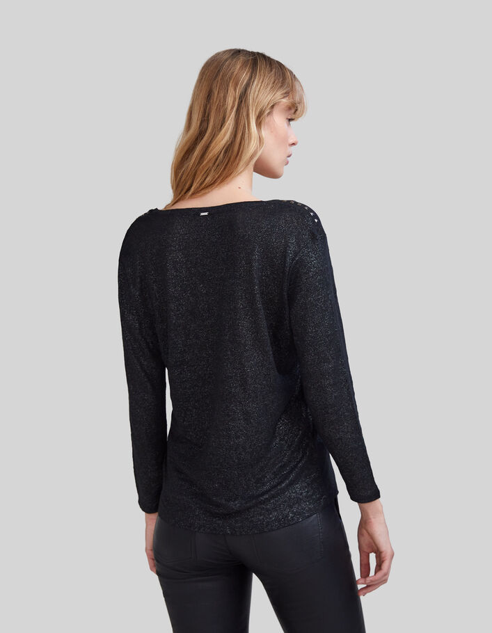 Camiseta negra de lino foil detalles remaches joya mujer-2