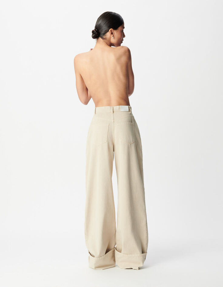 Mujer vaqueros beige de talle alto y pierna ancha-2