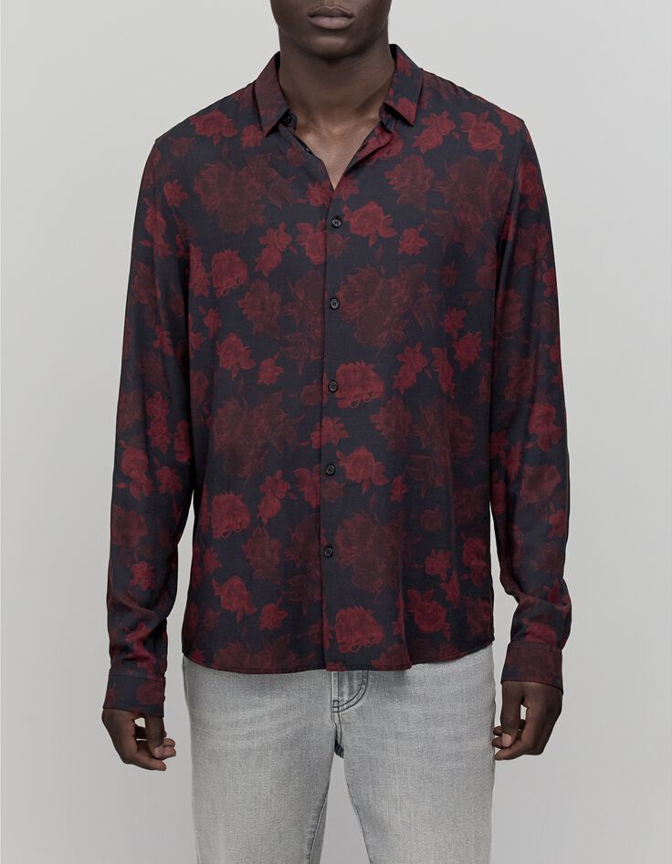 Camisa SLIM negra de hombre con estampado de rosas rojas-3 Camisa SLIM negra de hombre con estampado de rosas rojas-3