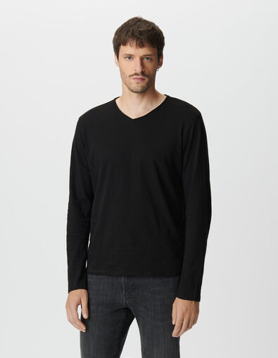 Camiseta manga larga negra algod&oacute;n flameado hombre - IKKS