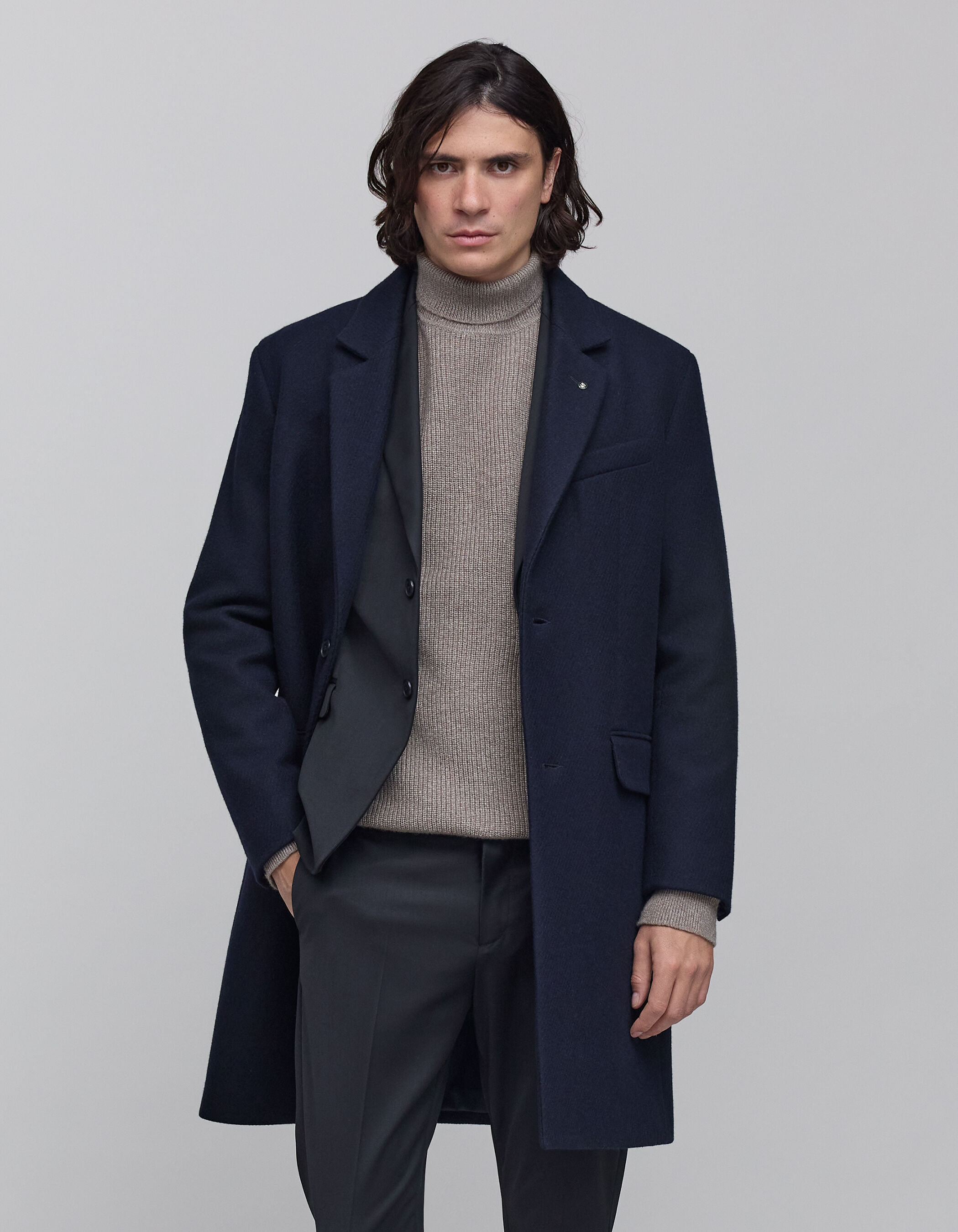 Long wool navy coat sales