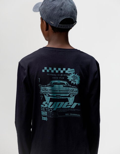 Boys’ navy organic cotton T-shirt with car image on back - IKKS