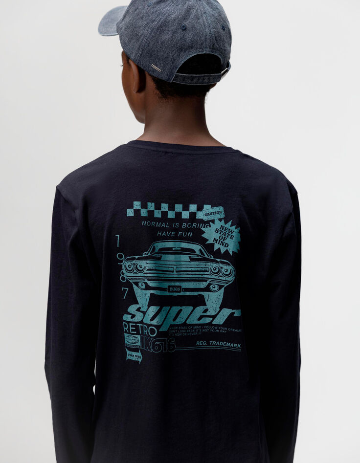 Boys’ navy organic cotton T-shirt with car image on back-1