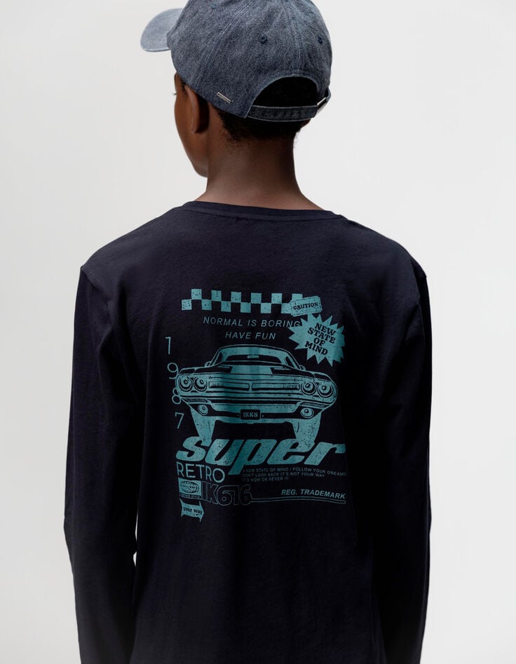 Boys’ navy organic cotton T-shirt with car image on back-1 Boys’ navy organic cotton T-shirt with car image on back-1