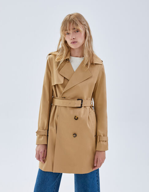 Women’s beige belted mid-length trench coat
