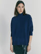 Pull col montant en laine bleu marine boutons épaule femme-1