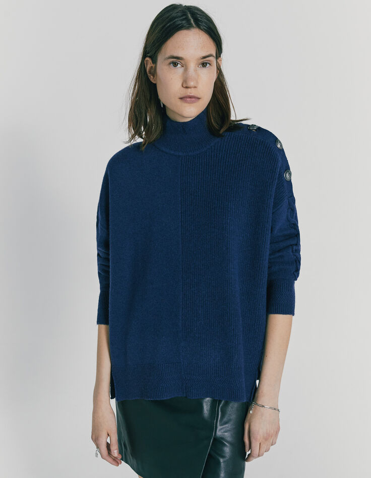 Pull col montant en laine bleu marine boutons épaule femme-1
