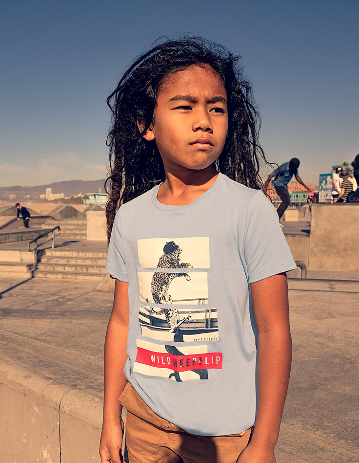 Tee-shirt bleu ciel avec léopard-skater garçon-1