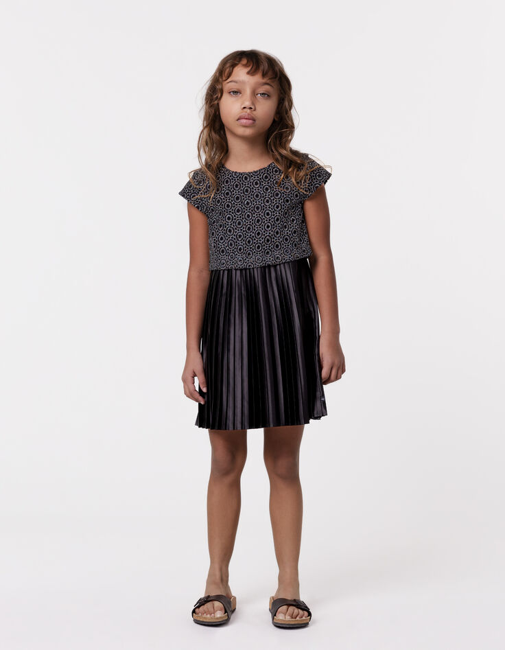 Vestido negro plisado top encaje trampantojo niña-1