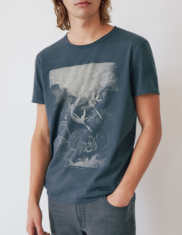 Staalblauw T-shirt opdruk gravure heren-1