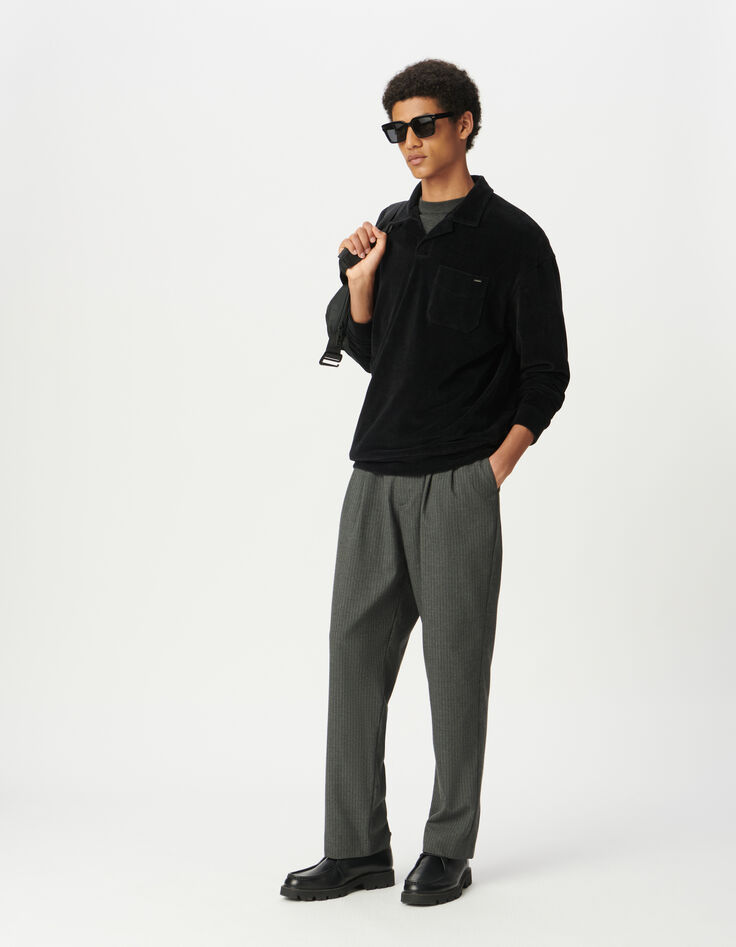 Schwarzes Herrenpoloshirt lange &Auml;rmeln Veloursstrick-2