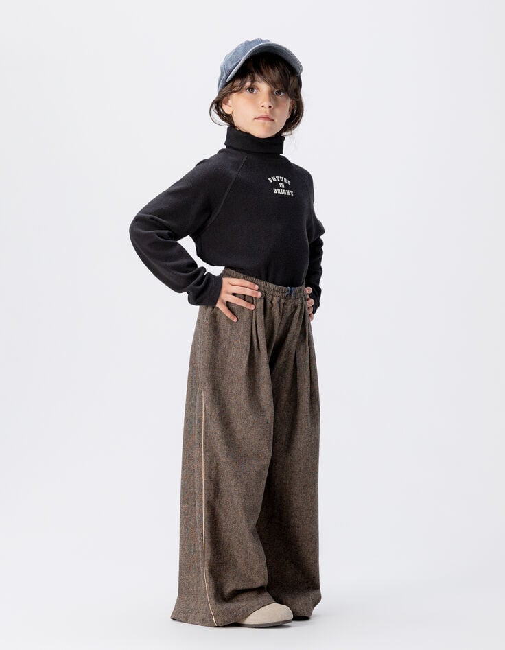 Weite Braune Mädchenhose melierter Flanell-1 Weite Braune Mädchenhose melierter Flanell-1