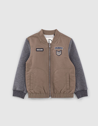 Boys’ dark khaki and grey mixed fabric bomber jacket  - IKKS