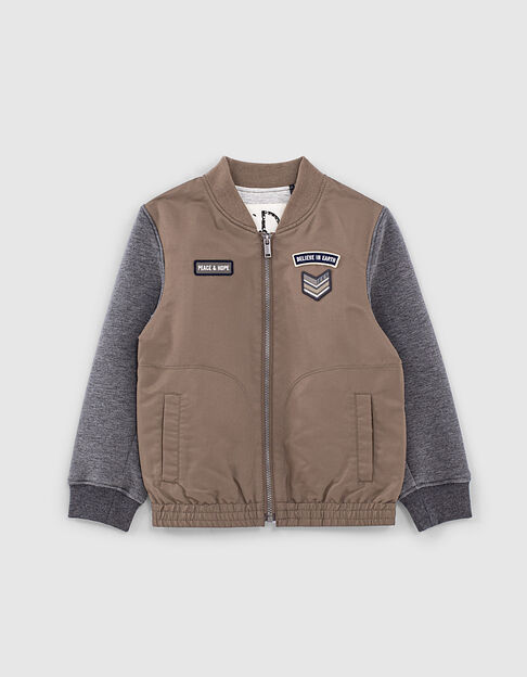 Jungen-Bomberjacke, zwei Stoffe in dunklem Khaki und Grau 