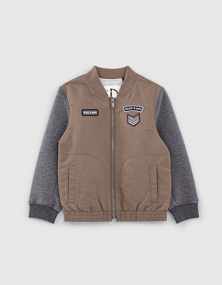Jungen-Bomberjacke, zwei Stoffe in dunklem Khaki und Grau -1